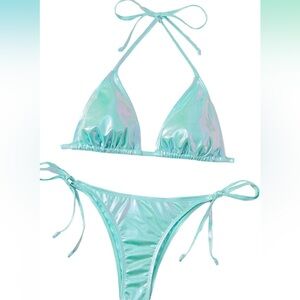 Two Piece Metallic Halter String Bikini Set Tie Side Triangle Swimsuit NWOT